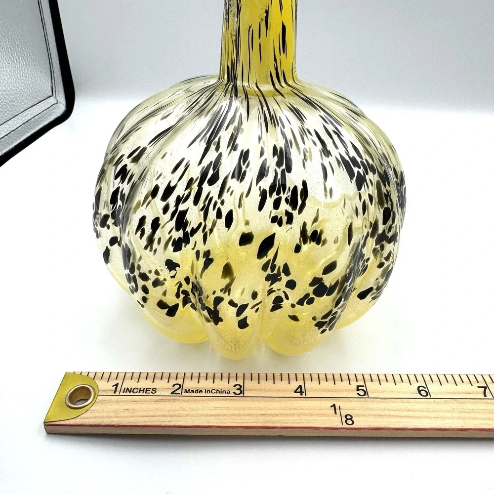 Handmade Polish Art Glass Candle Holder Yellow Black Spatter Pumpkin